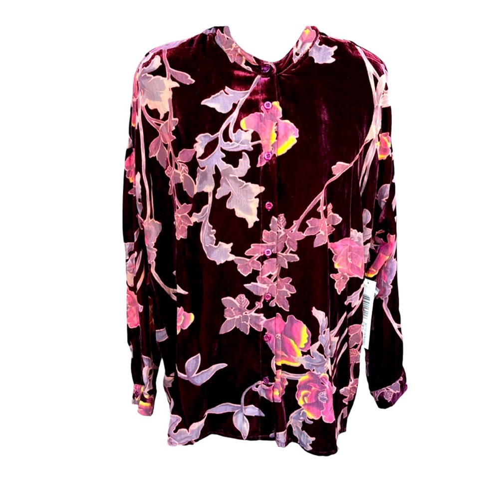 TRIBAL JEANS blouse in deep grape velvet with floral cut outs, P/S, NWT